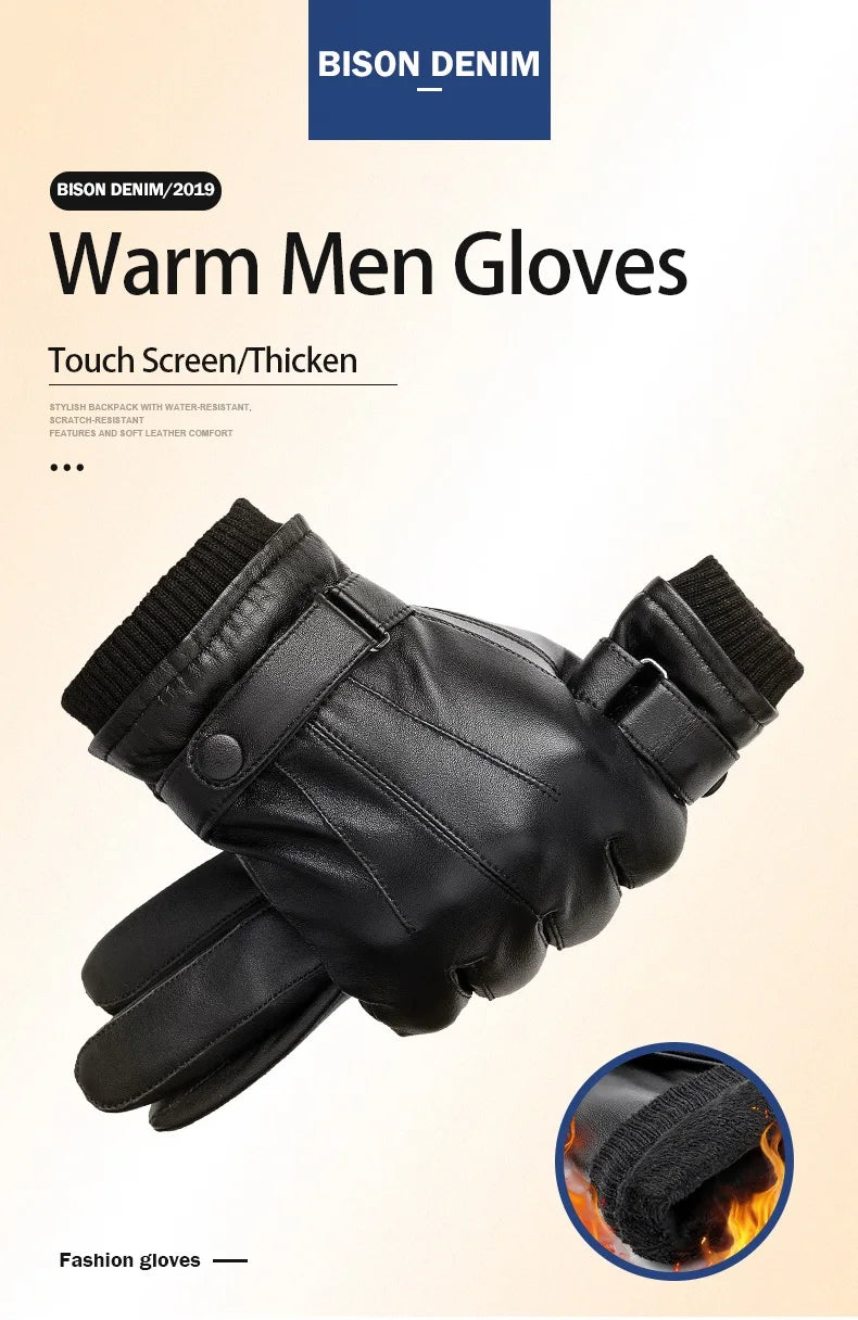 BISON DENIM Men Genuine Sheepskin Leather Gloves Autumn Winter Warm Touch Screen Full Finger Black Gloves High Quality S019