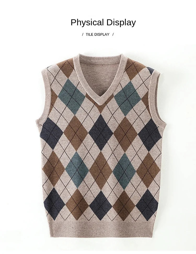 New Fashion Designer Brand Argyle Pullover Diamond Sweater V Neck Knit Vest Men 6% Wool Sleeveless Autum Casual Men Clothing