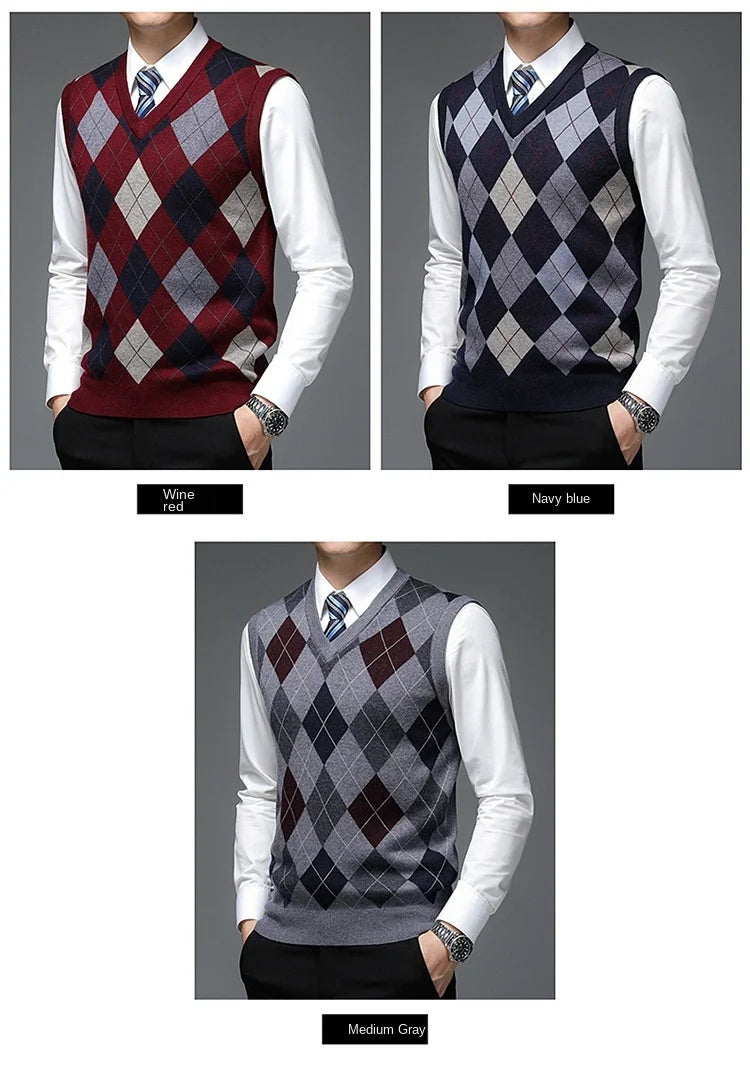 New Fashion Designer Brand Argyle Pullover Diamond Sweater V Neck Knit Vest Men 6% Wool Sleeveless Autum Casual Men Clothing
