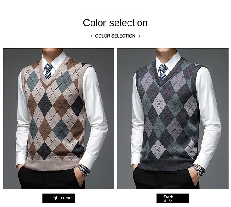 New Fashion Designer Brand Argyle Pullover Diamond Sweater V Neck Knit Vest Men 6% Wool Sleeveless Autum Casual Men Clothing