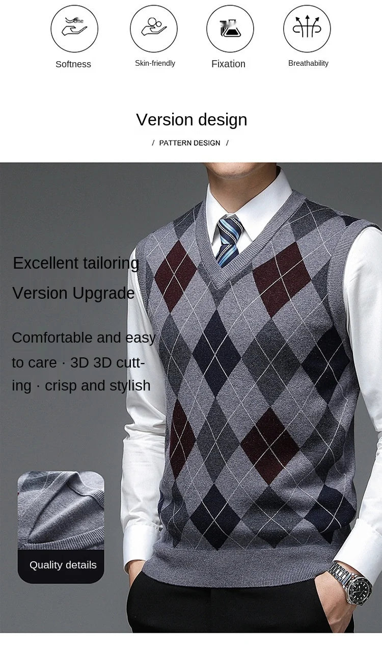 New Fashion Designer Brand Argyle Pullover Diamond Sweater V Neck Knit Vest Men 6% Wool Sleeveless Autum Casual Men Clothing