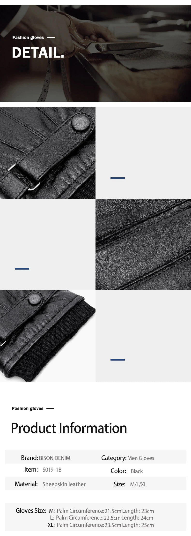 BISON DENIM Men Genuine Sheepskin Leather Gloves Autumn Winter Warm Touch Screen Full Finger Black Gloves High Quality S019