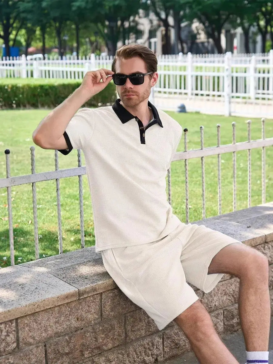 Men's Fashion Two Piece Set Short Sleeve Polo Shirt and Drawstring Shorts Casual Streetwear Tracksuit for Men