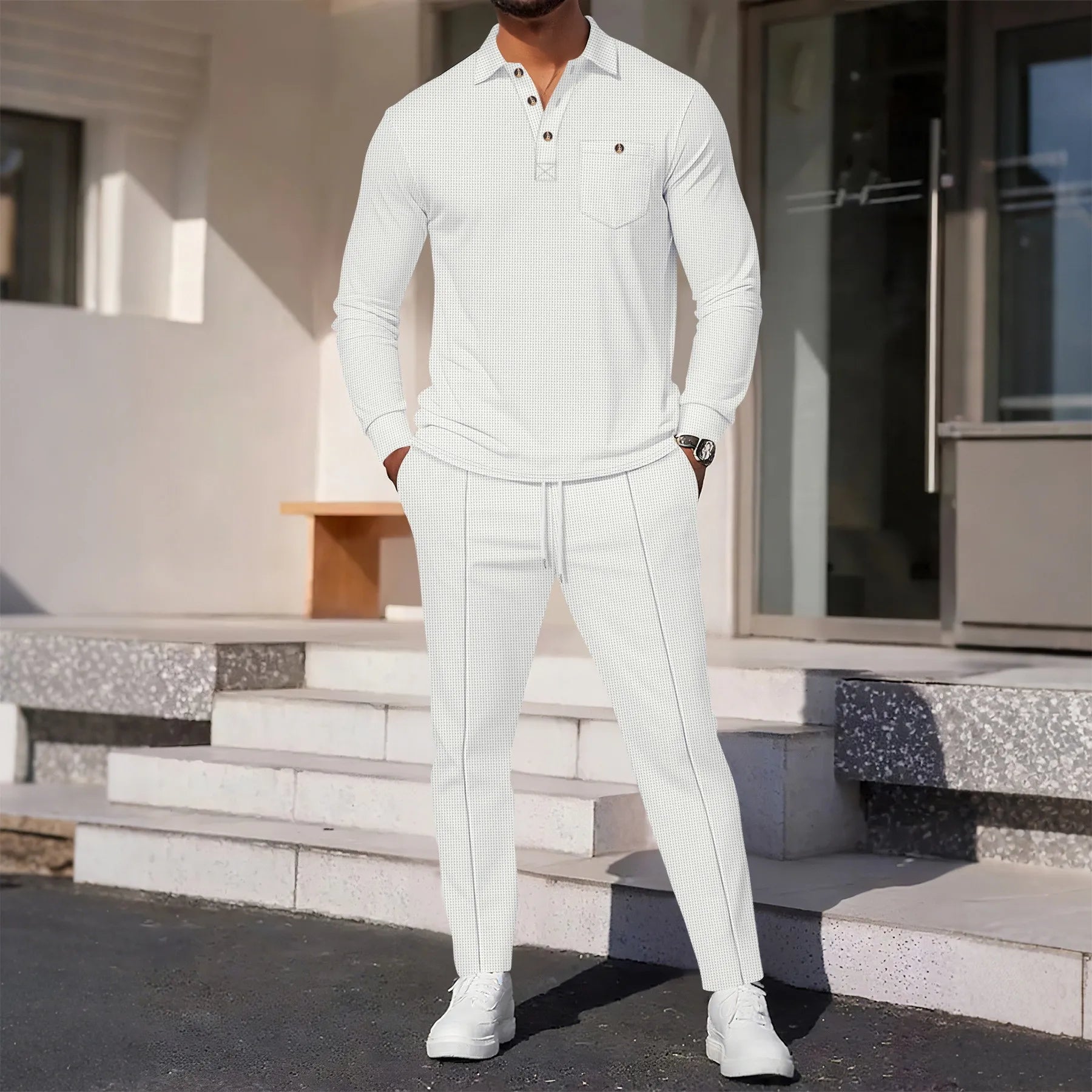 2025 Autumn New Style Waffle Pure Color Collar Pocket Long Sleeve Long Pants Casual Set