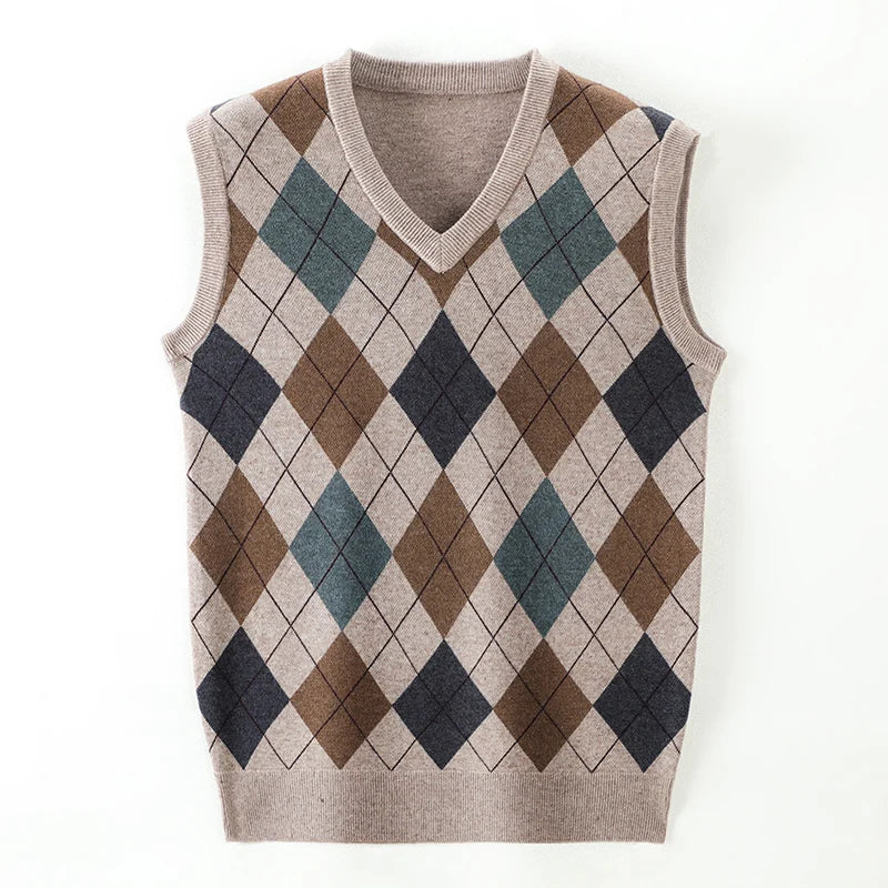 New Fashion Designer Brand Argyle Pullover Diamond Sweater V Neck Knit Vest Men 6% Wool Sleeveless Autum Casual Men Clothing