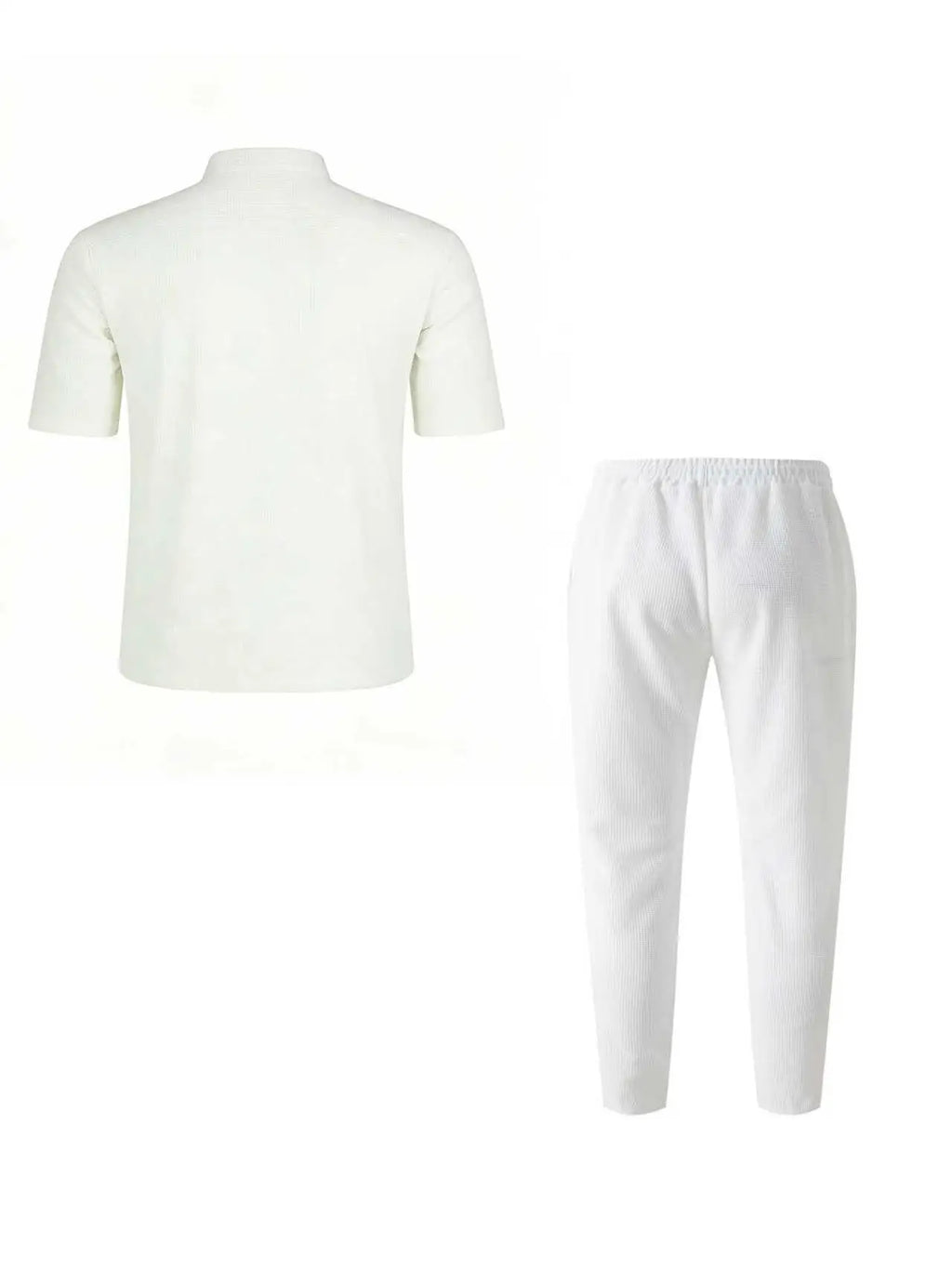 Men's Waffle Knit Two-Piece Suit, Summer Henry Collar Polo Shirt, Short-Sleeved and Laced Pants, Casual Breathable Beachwear