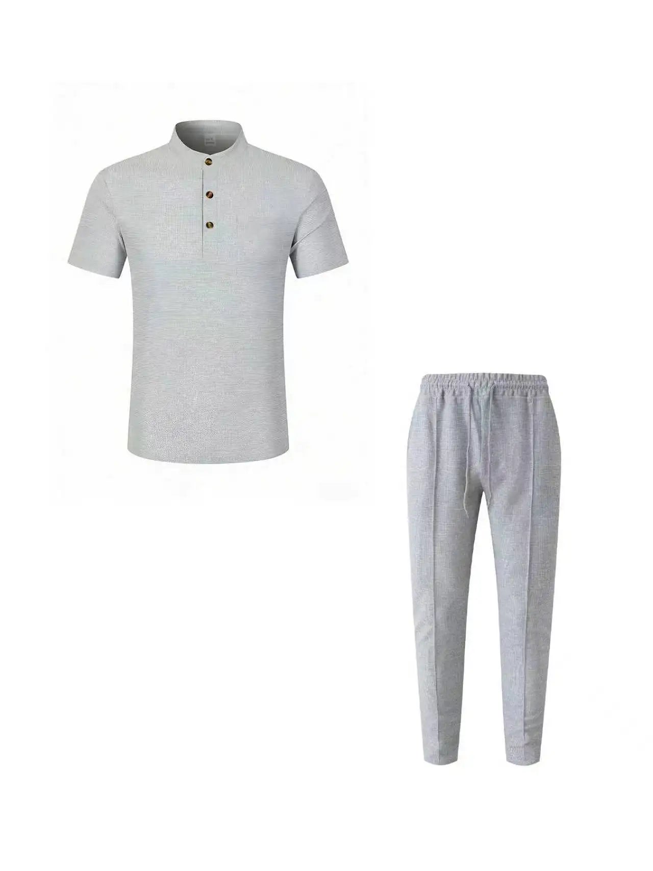 Men's Waffle Knit Two-Piece Suit, Summer Henry Collar Polo Shirt, Short-Sleeved and Laced Pants, Casual Breathable Beachwear