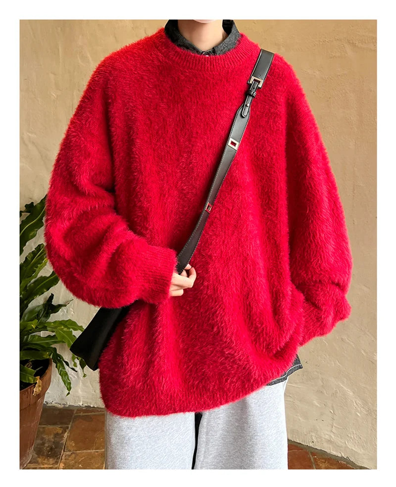 Autumn Men's Solid Fluffy Knitted Sweaters New Korean Fashion Loose Warm Pullovers Winter Couples Y2K Vintage Knitwear Jumpers
