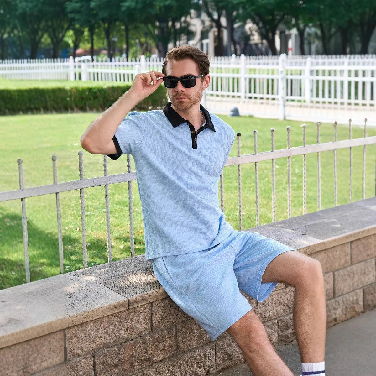 Men's Fashion Two Piece Set Short Sleeve Polo Shirt and Drawstring Shorts Casual Streetwear Tracksuit for Men