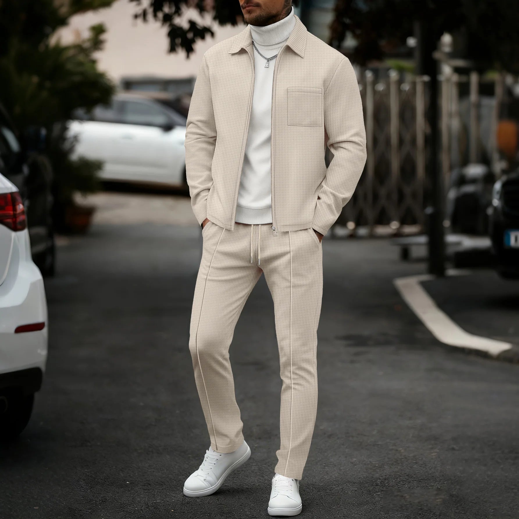 Men's two-piece casual suit, waffle texture jacket and trousers set, plain color casual street style winter and autumn outfit