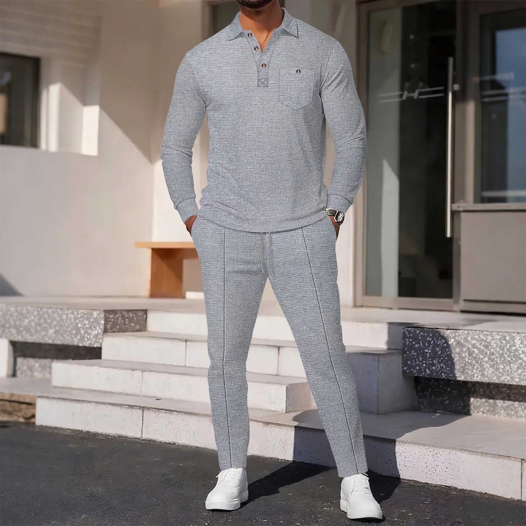2025 Autumn New Style Waffle Pure Color Collar Pocket Long Sleeve Long Pants Casual Set
