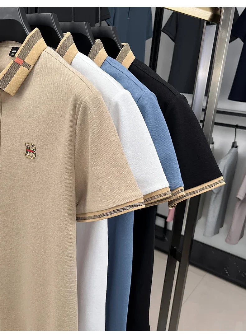 2026 High-end Letter B Printed Summer Men's Color Blocked Lapel Short Sleeved Polo Shirt Versatile Tshirt for Business Commuting