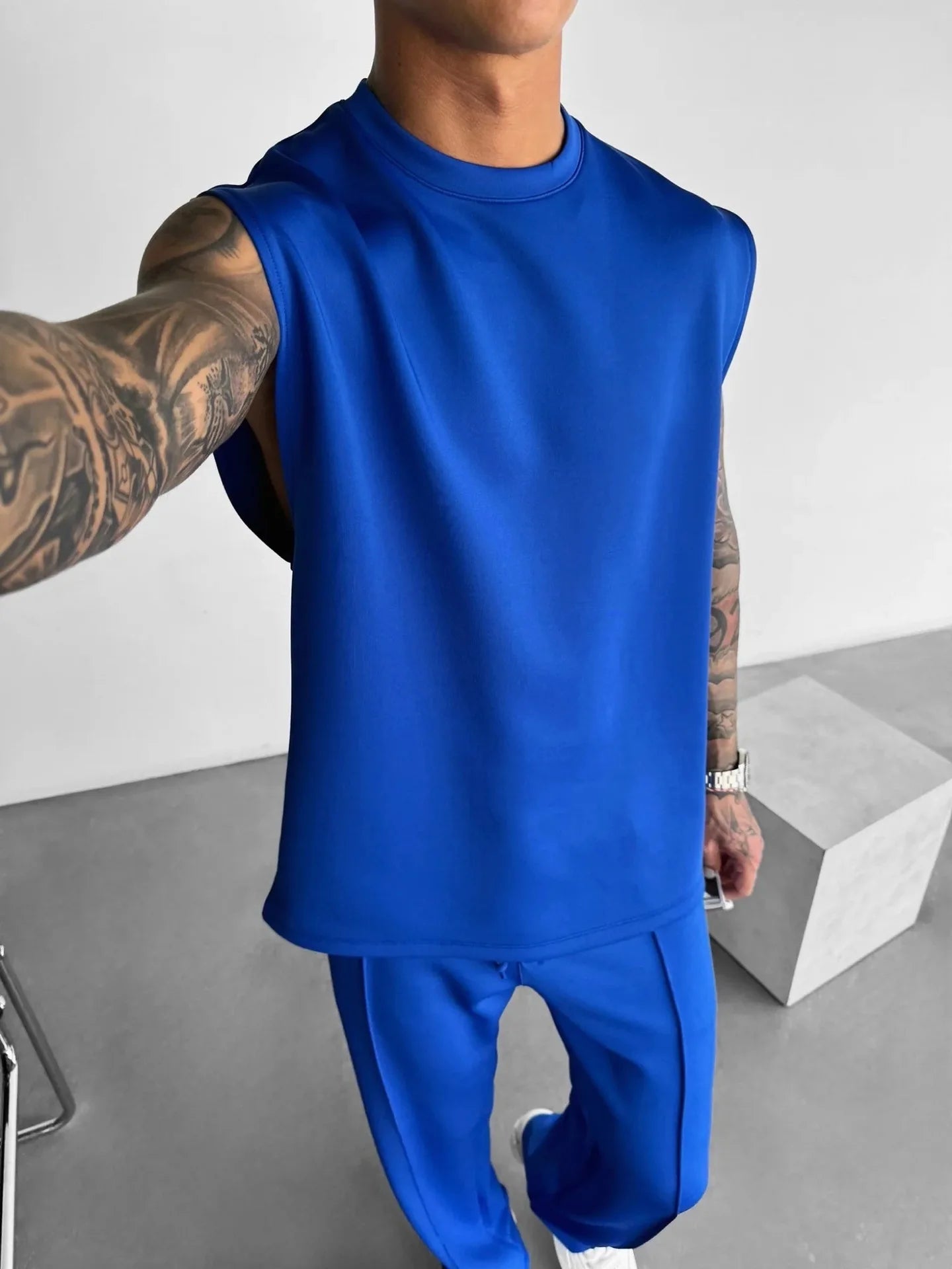 Breathable Sleeveless Summer New Men's Fitness Suit T-shirt Loose Sports Pants European and American Training Suit Two-piece Set