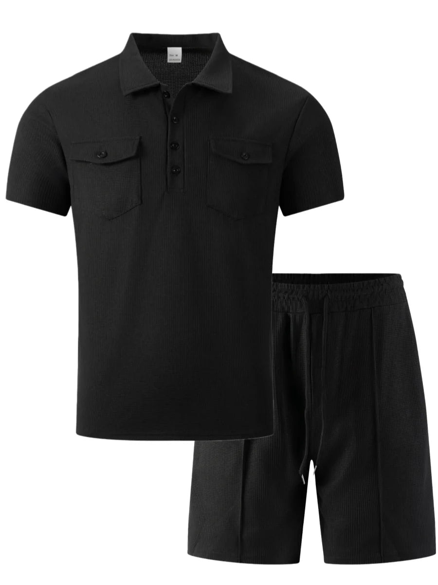 2026 New Men's Waffle Knit Double Pocket Polo Two-Piece Set S-3XL