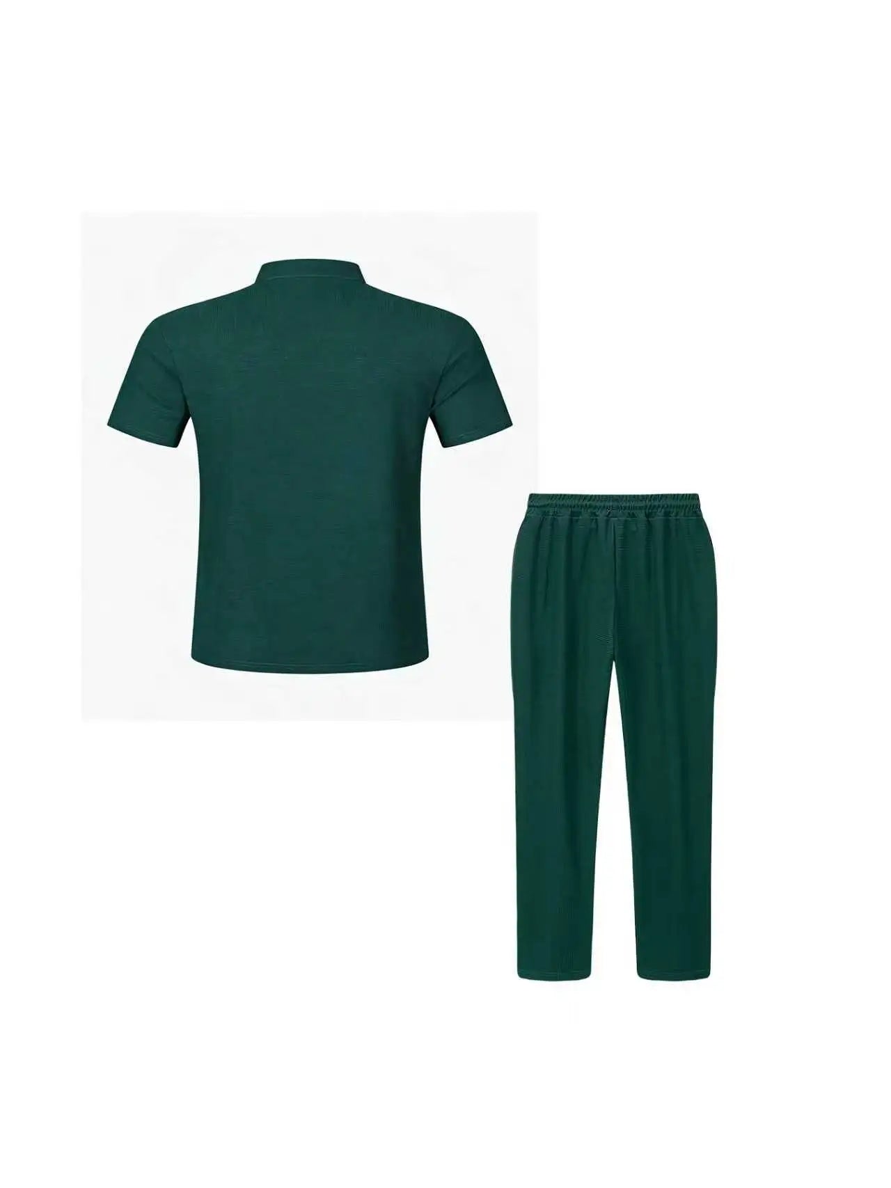 Men's Waffle Knit Two-Piece Suit, Summer Henry Collar Polo Shirt, Short-Sleeved and Laced Pants, Casual Breathable Beachwear