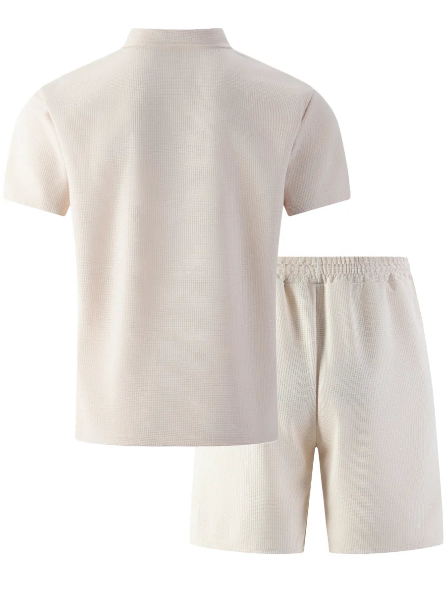 2026 New Men's Waffle Knit Double Pocket Polo Two-Piece Set S-3XL