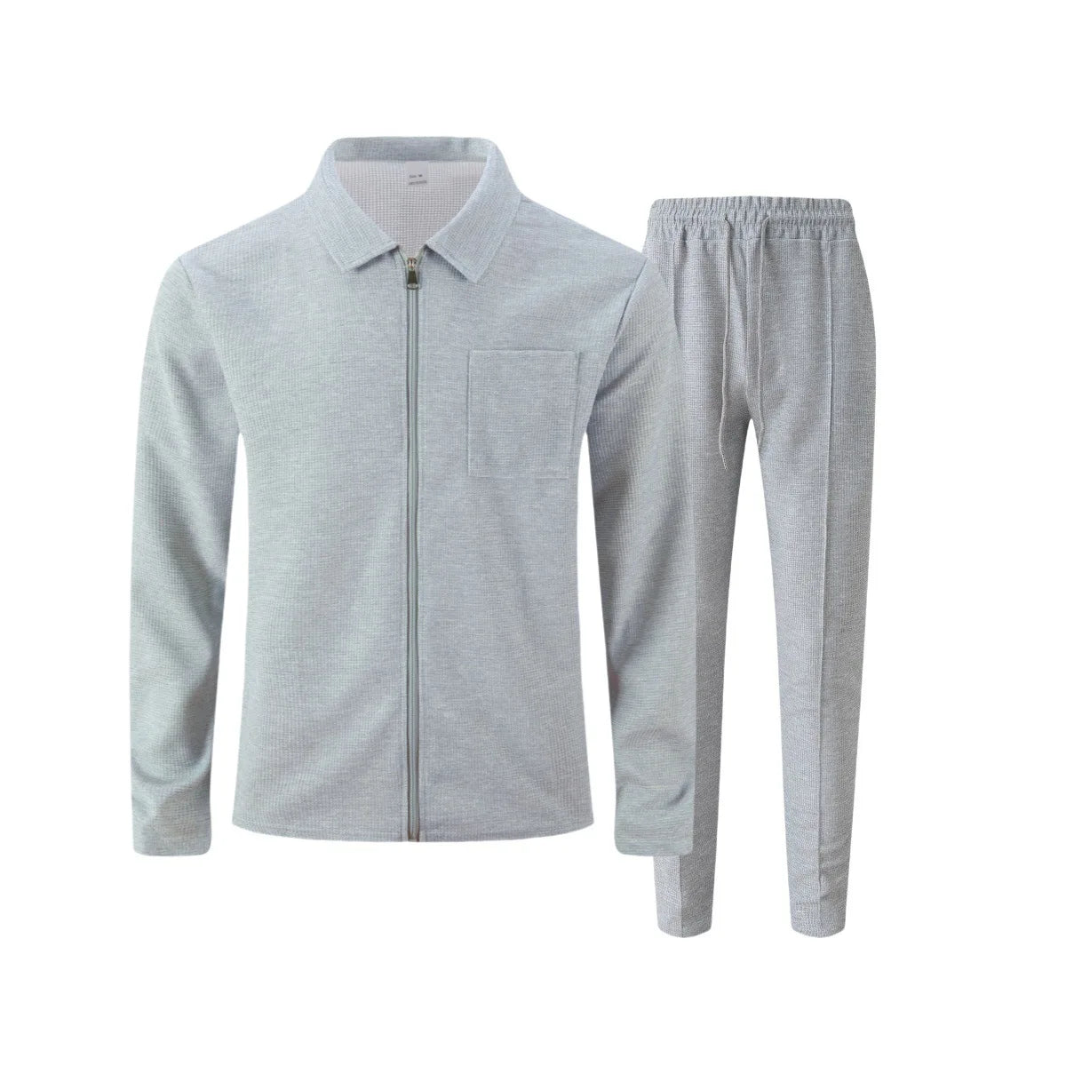 Men's two-piece casual suit, waffle texture jacket and trousers set, plain color casual street style winter and autumn outfit