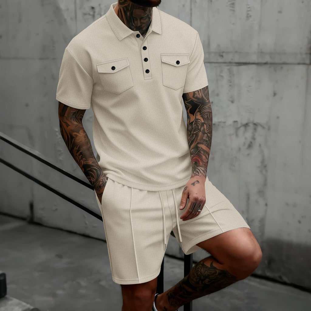 2026 New Men's Waffle Knit Double Pocket Polo Two-Piece Set S-3XL