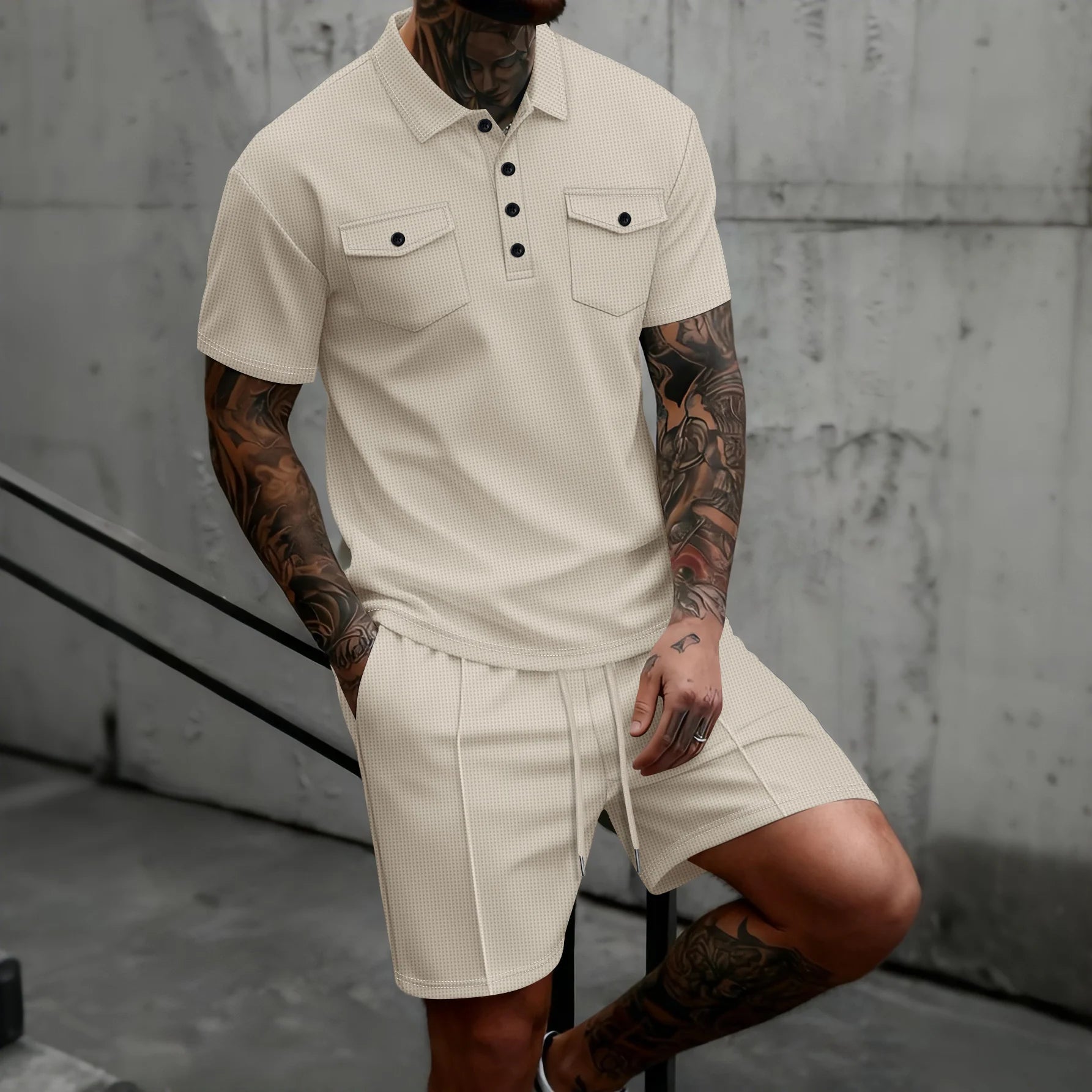 2026 New Men's Waffle Knit Double Pocket Polo Two-Piece Set S-3XL