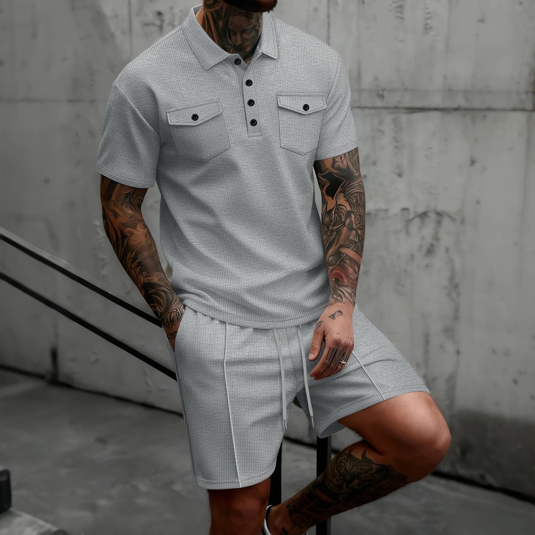 2026 New Men's Waffle Knit Double Pocket Polo Two-Piece Set S-3XL