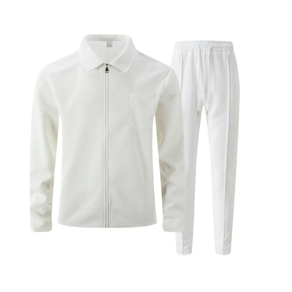 Men's two-piece casual suit, waffle texture jacket and trousers set, plain color casual street style winter and autumn outfit