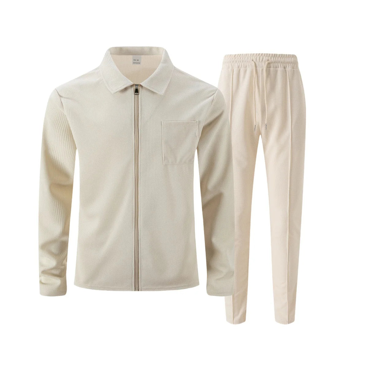 Men's two-piece casual suit, waffle texture jacket and trousers set, plain color casual street style winter and autumn outfit