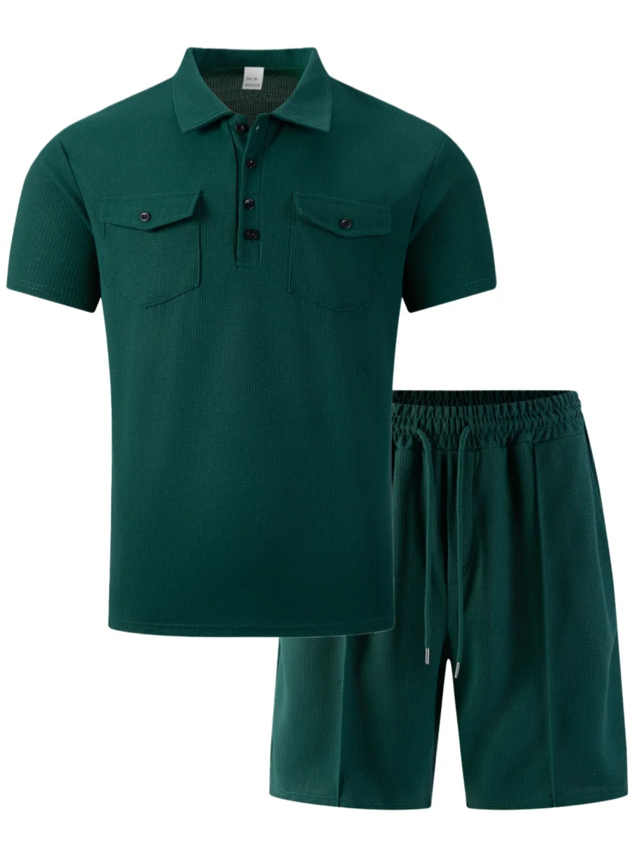 2026 New Men's Waffle Knit Double Pocket Polo Two-Piece Set S-3XL