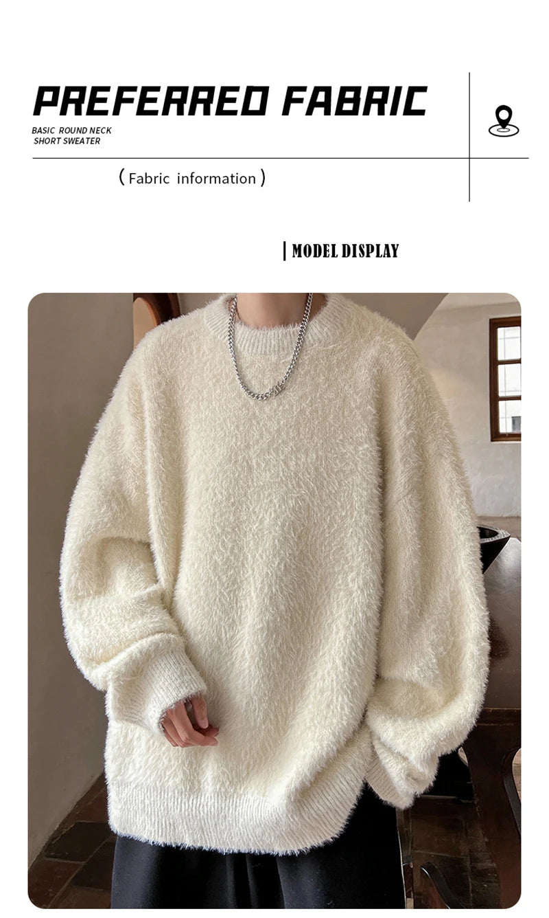 Autumn Men's Solid Fluffy Knitted Sweaters New Korean Fashion Loose Warm Pullovers Winter Couples Y2K Vintage Knitwear Jumpers