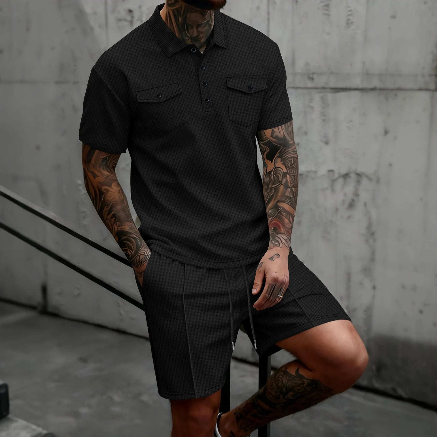 2026 New Men's Waffle Knit Double Pocket Polo Two-Piece Set S-3XL