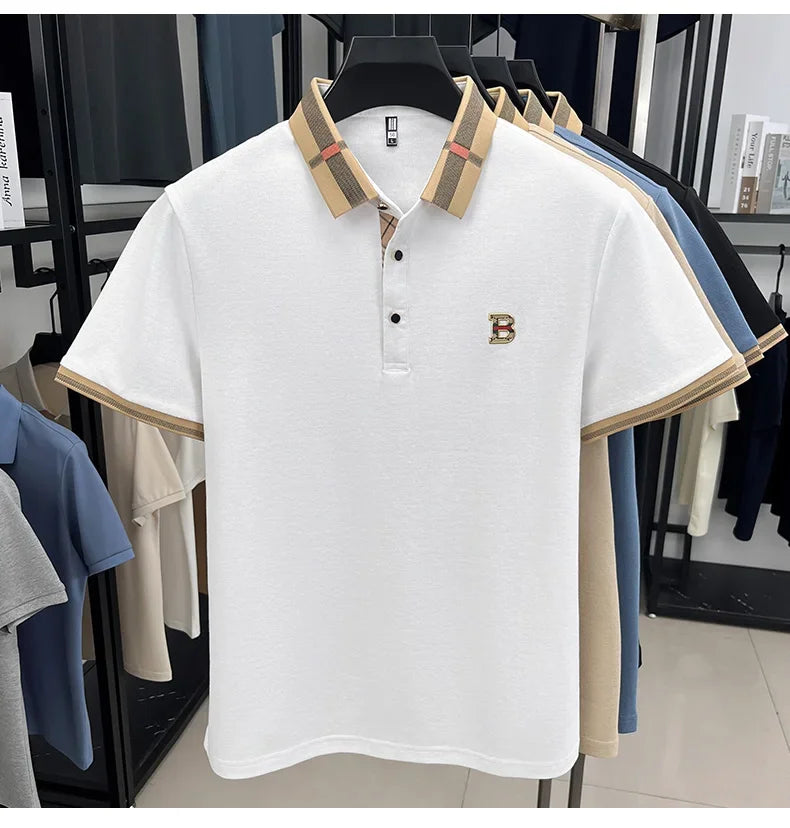 2026 High-end Letter B Printed Summer Men's Color Blocked Lapel Short Sleeved Polo Shirt Versatile Tshirt for Business Commuting