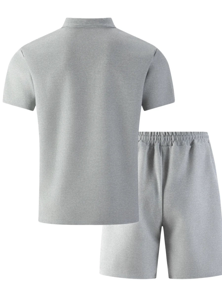 2026 New Men's Waffle Knit Double Pocket Polo Two-Piece Set S-3XL