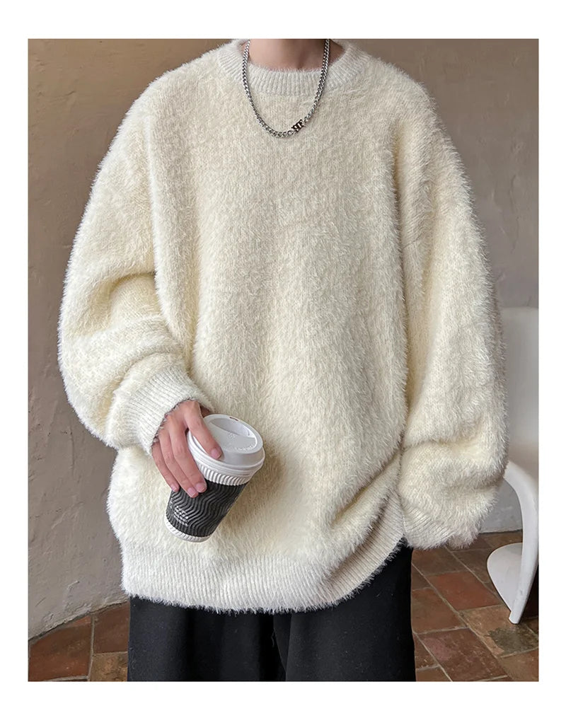 Autumn Men's Solid Fluffy Knitted Sweaters New Korean Fashion Loose Warm Pullovers Winter Couples Y2K Vintage Knitwear Jumpers