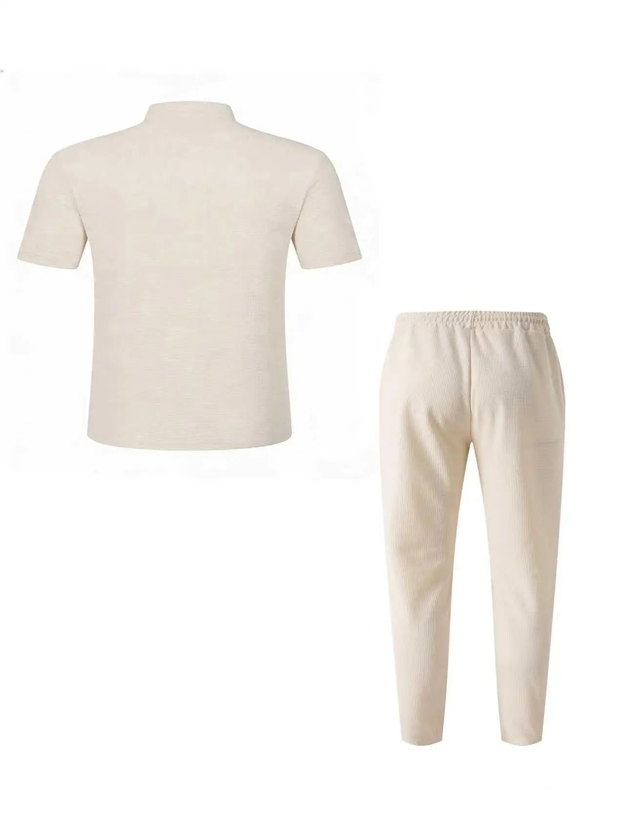 Men's Waffle Knit Two-Piece Suit, Summer Henry Collar Polo Shirt, Short-Sleeved and Laced Pants, Casual Breathable Beachwear