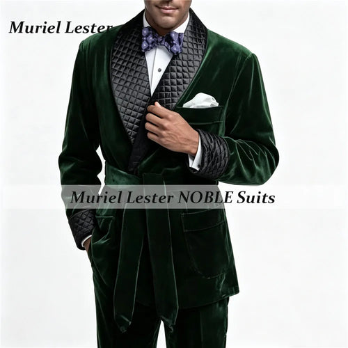 Smoking Business Velvet Suit Jackets For Men With Belt Black Shawl Lapel Groom Blazers Customized Man Party Coat Dinner Outfits