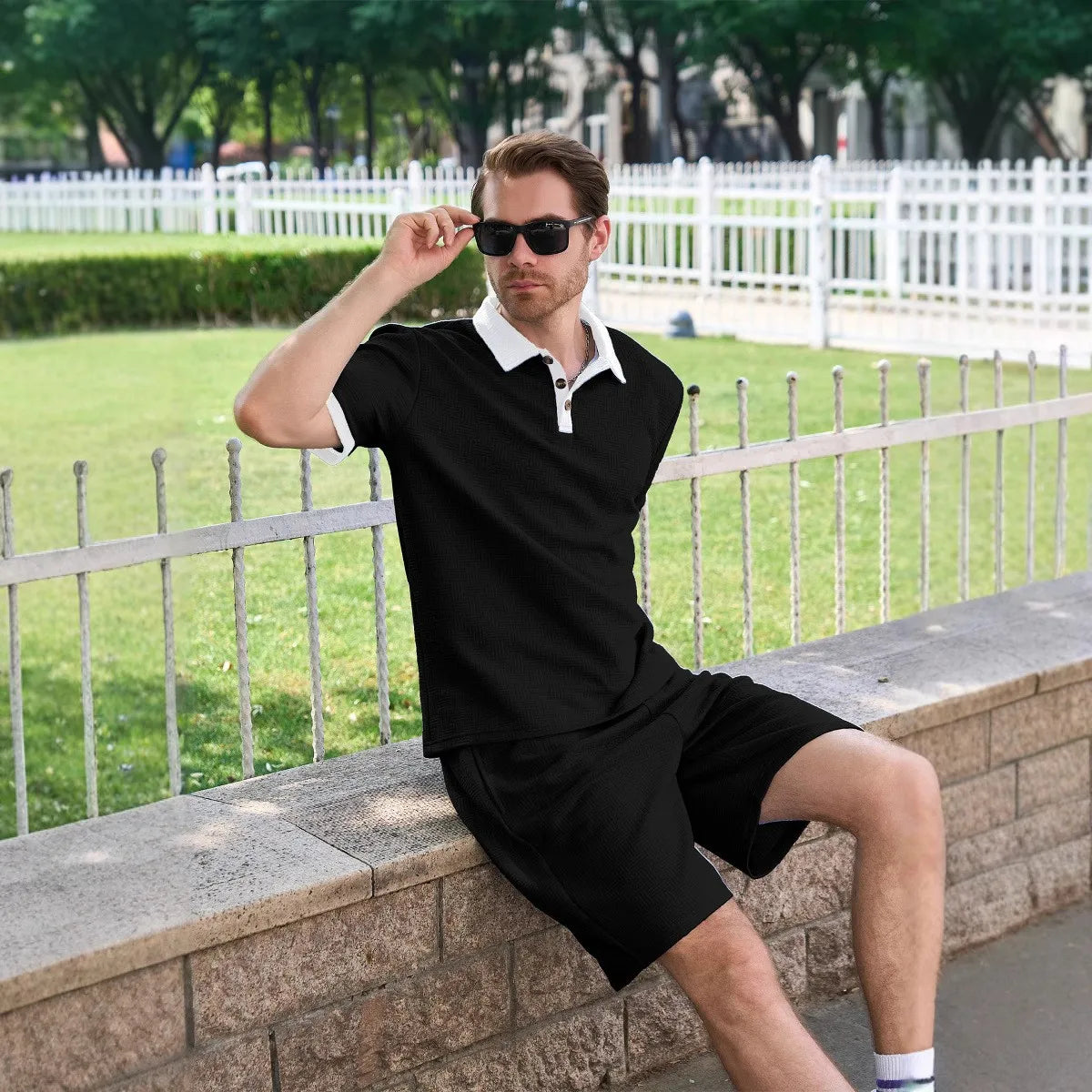 Men's Fashion Two Piece Set Short Sleeve Polo Shirt and Drawstring Shorts Casual Streetwear Tracksuit for Men