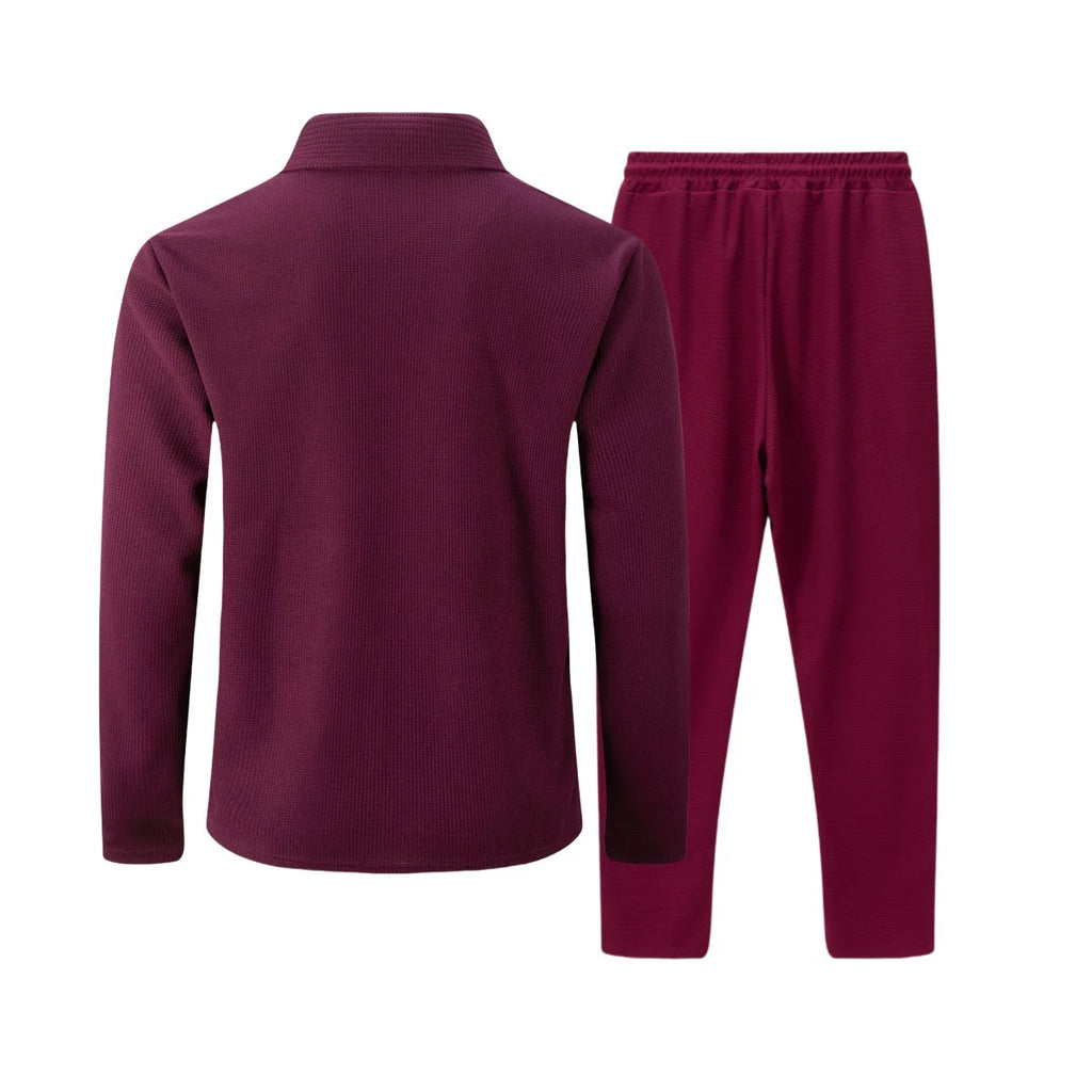 Men's two-piece casual suit, waffle texture jacket and trousers set, plain color casual street style winter and autumn outfit