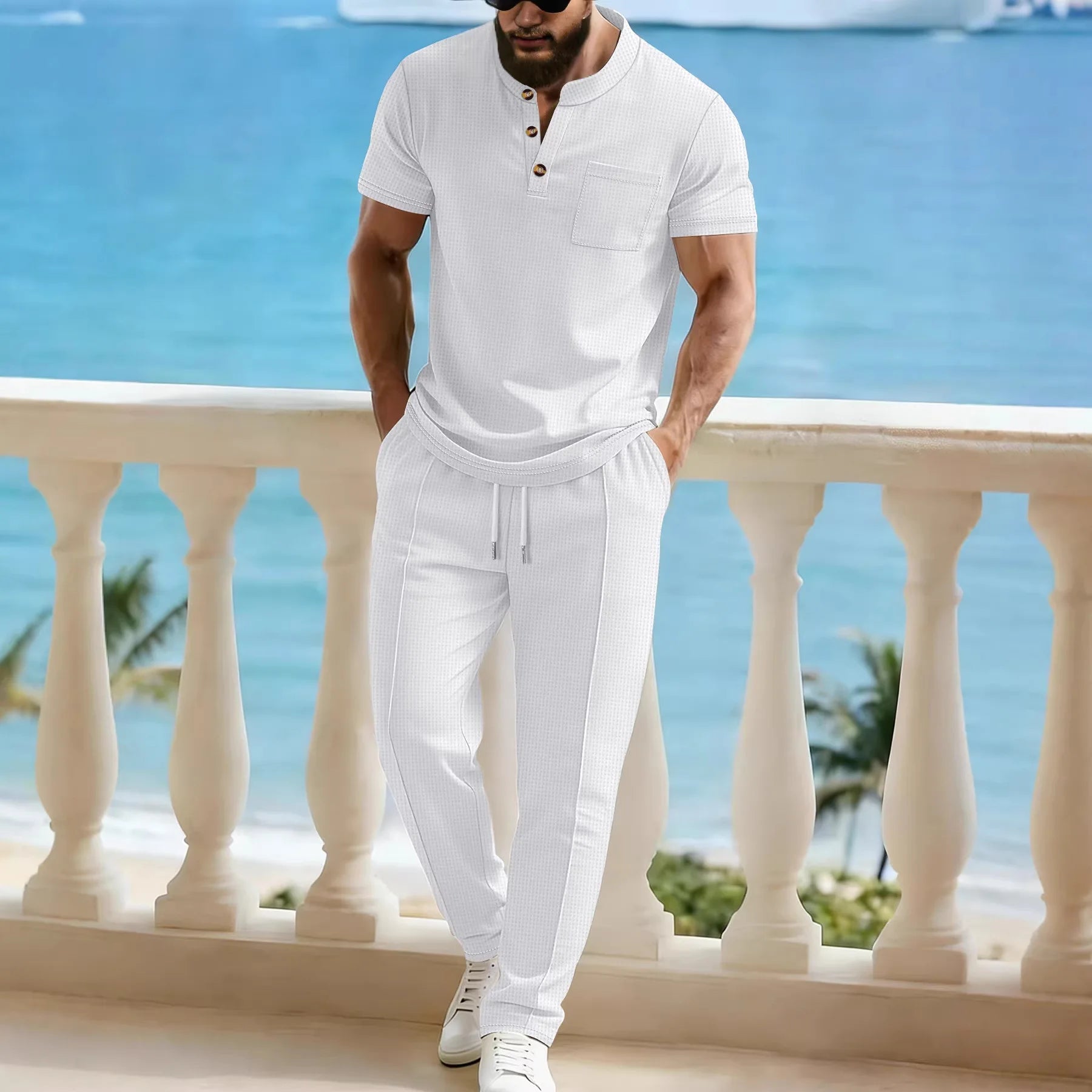 Men's Waffle Knit Two-Piece Suit, Summer Henry Collar Polo Shirt, Short-Sleeved and Laced Pants, Casual Breathable Beachwear
