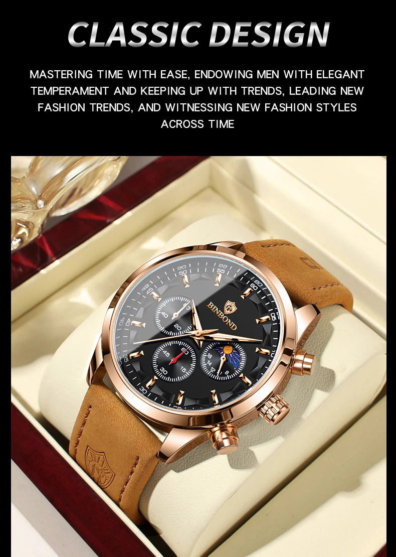 BINBOND  luminous waterproof accurate sturdy luxury quartz wristwatches for men chronograph auto date men's watch casual reloj