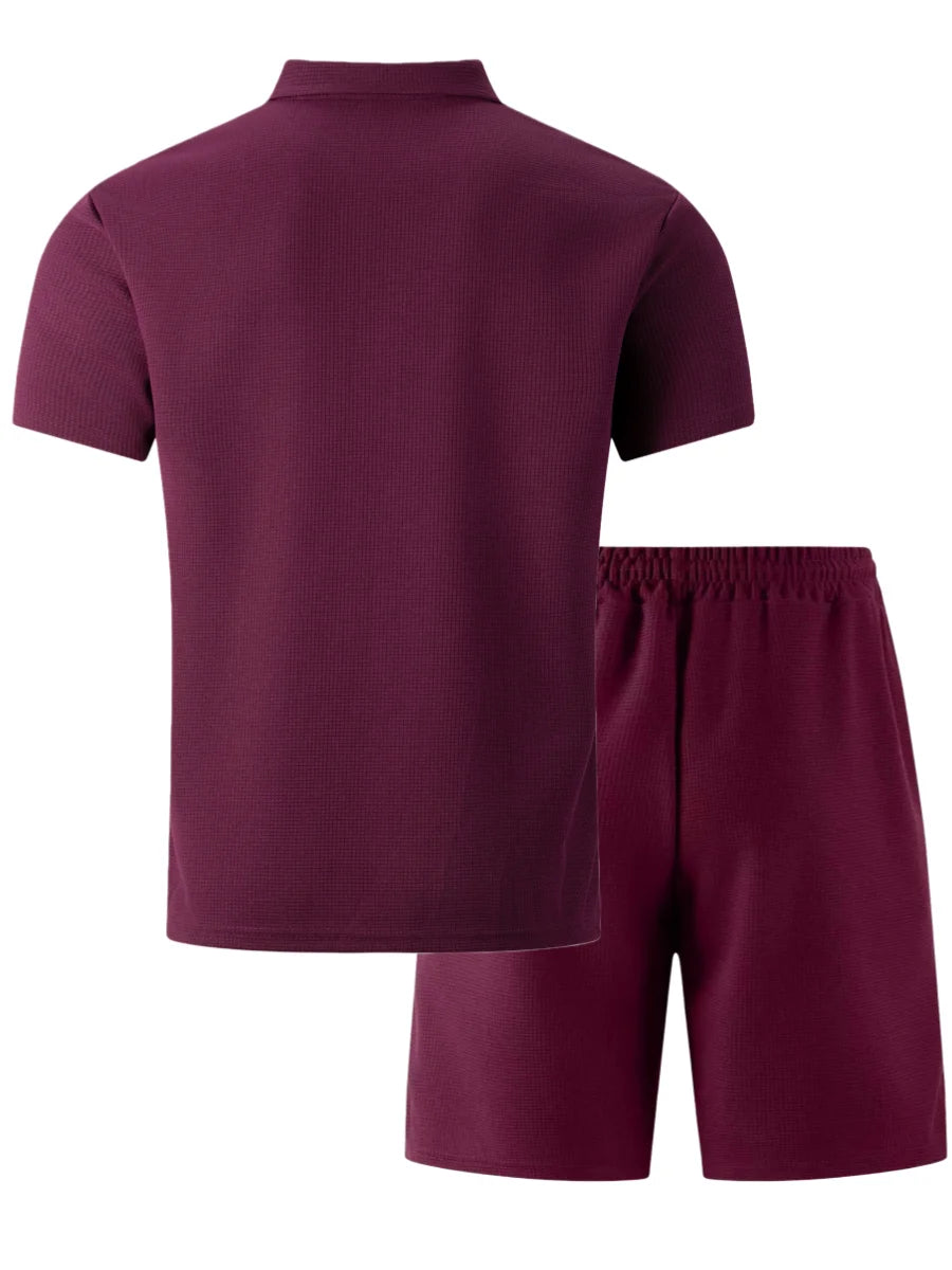 2026 New Men's Waffle Knit Double Pocket Polo Two-Piece Set S-3XL