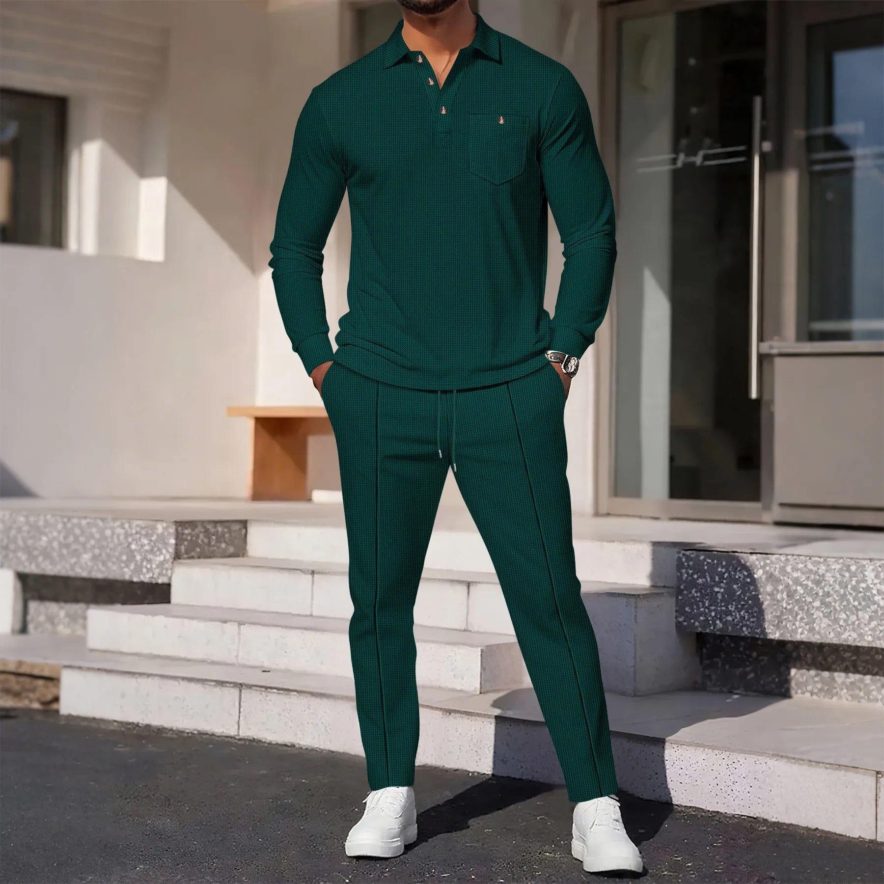2025 Autumn New Style Waffle Pure Color Collar Pocket Long Sleeve Long Pants Casual Set