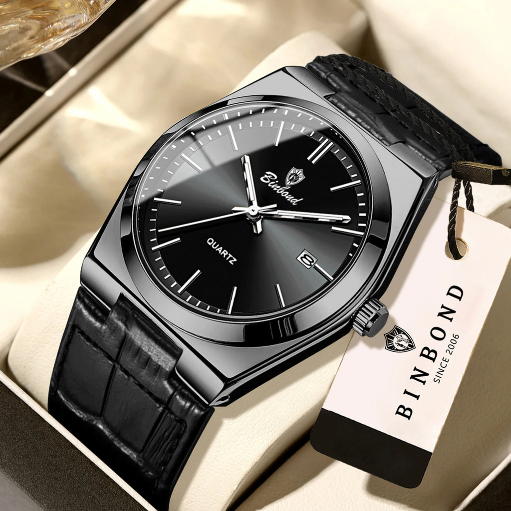 BINBOND Luxury Quartz Wristwatches Luminous Waterproof Auto Date Men's Watch Business Sport Fashion Casual Reloj Leather Clock