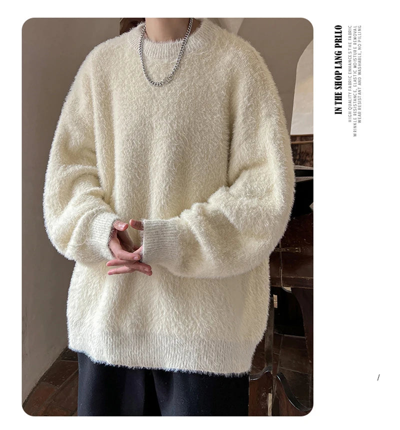 Autumn Men's Solid Fluffy Knitted Sweaters New Korean Fashion Loose Warm Pullovers Winter Couples Y2K Vintage Knitwear Jumpers