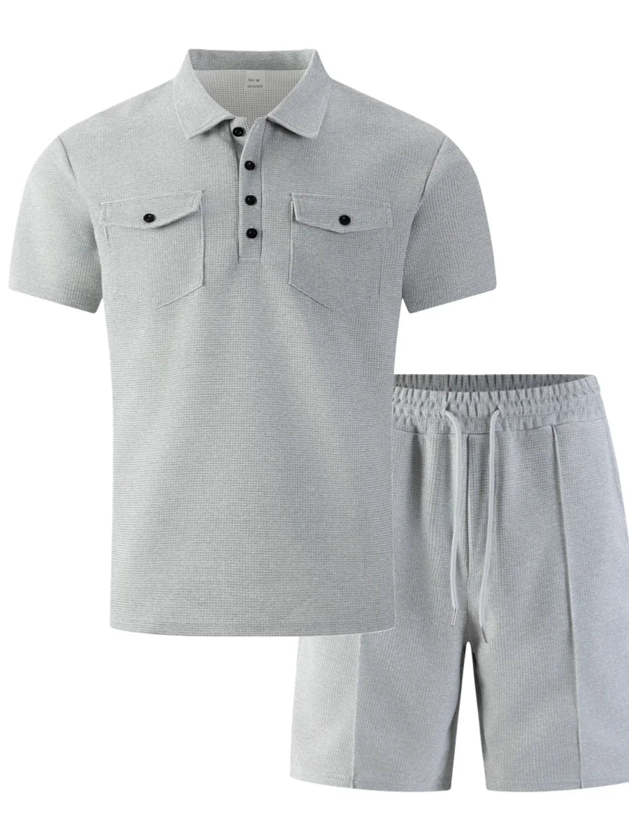 2026 New Men's Waffle Knit Double Pocket Polo Two-Piece Set S-3XL