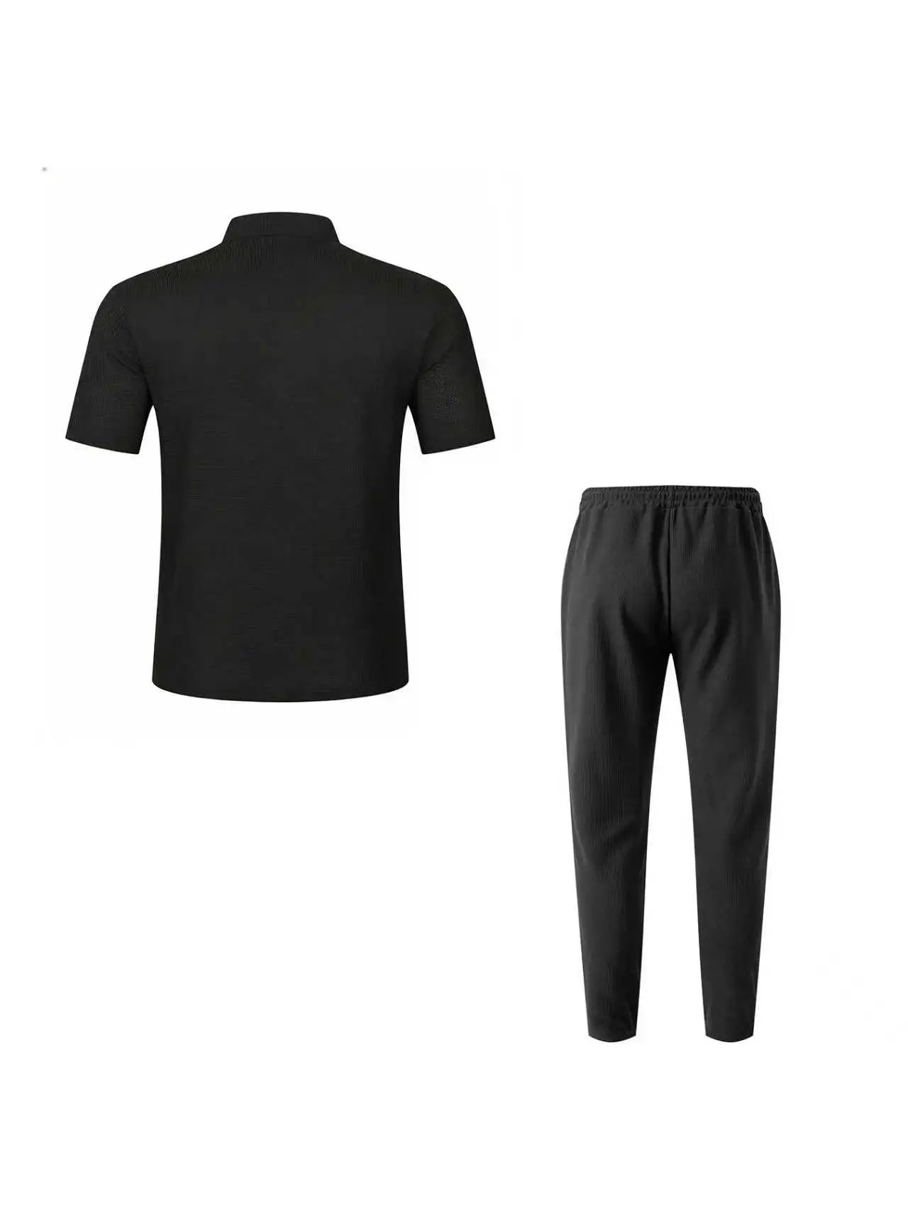 Men's Waffle Knit Two-Piece Suit, Summer Henry Collar Polo Shirt, Short-Sleeved and Laced Pants, Casual Breathable Beachwear