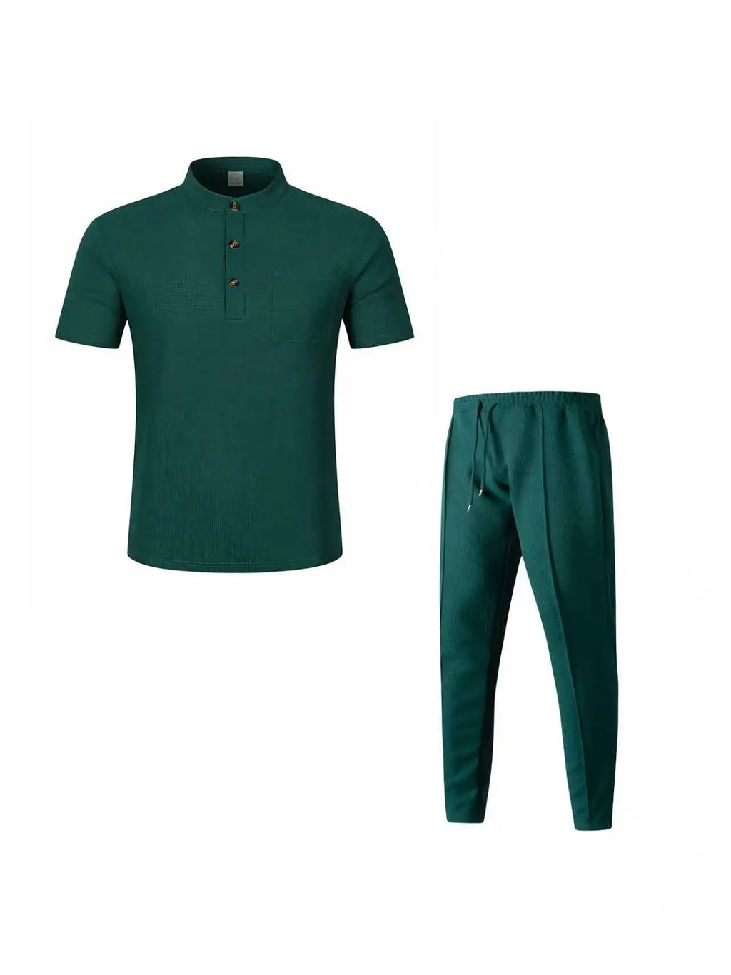 Men's Waffle Knit Two-Piece Suit, Summer Henry Collar Polo Shirt, Short-Sleeved and Laced Pants, Casual Breathable Beachwear