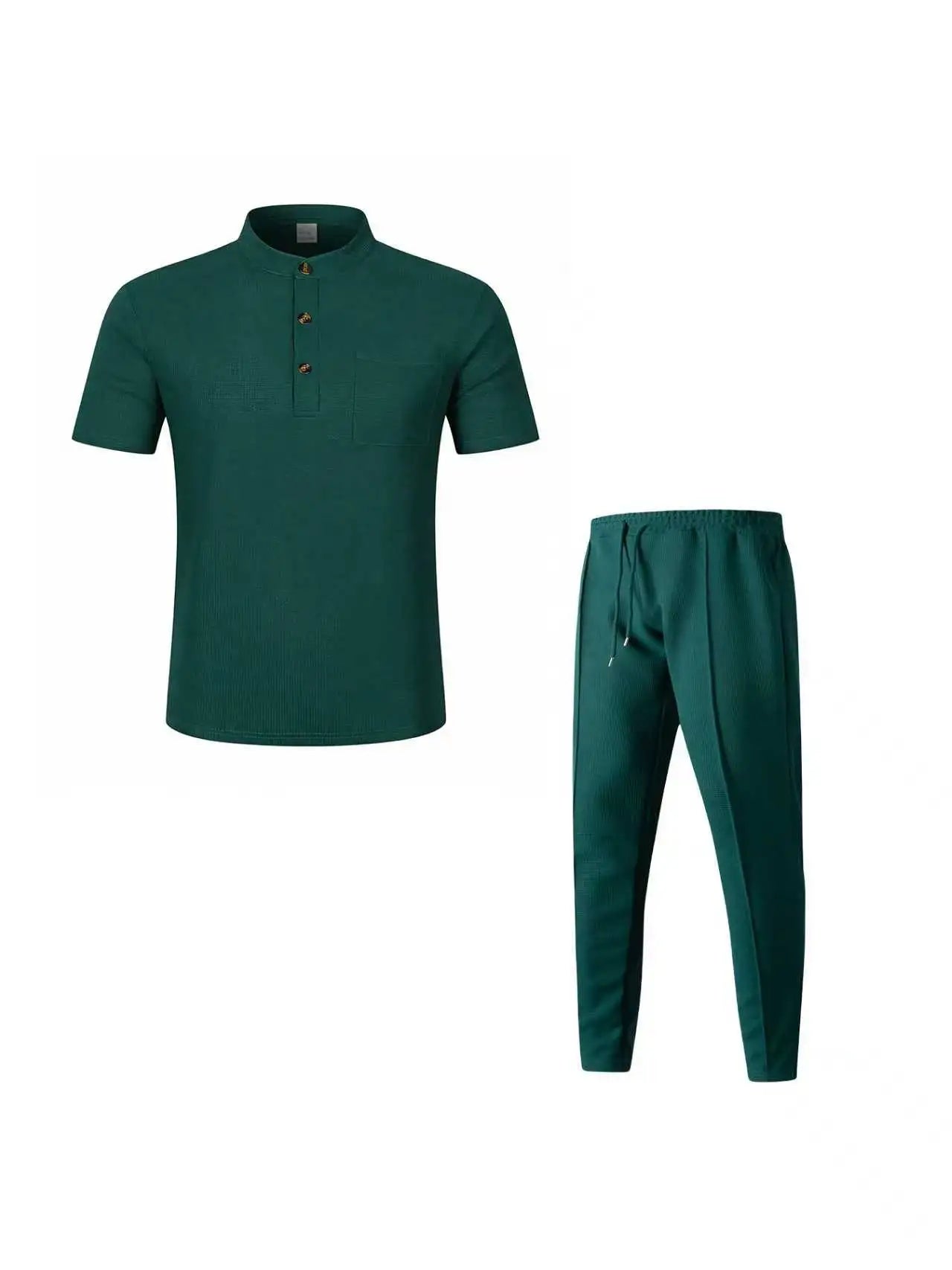 Men's Waffle Knit Two-Piece Suit, Summer Henry Collar Polo Shirt, Short-Sleeved and Laced Pants, Casual Breathable Beachwear