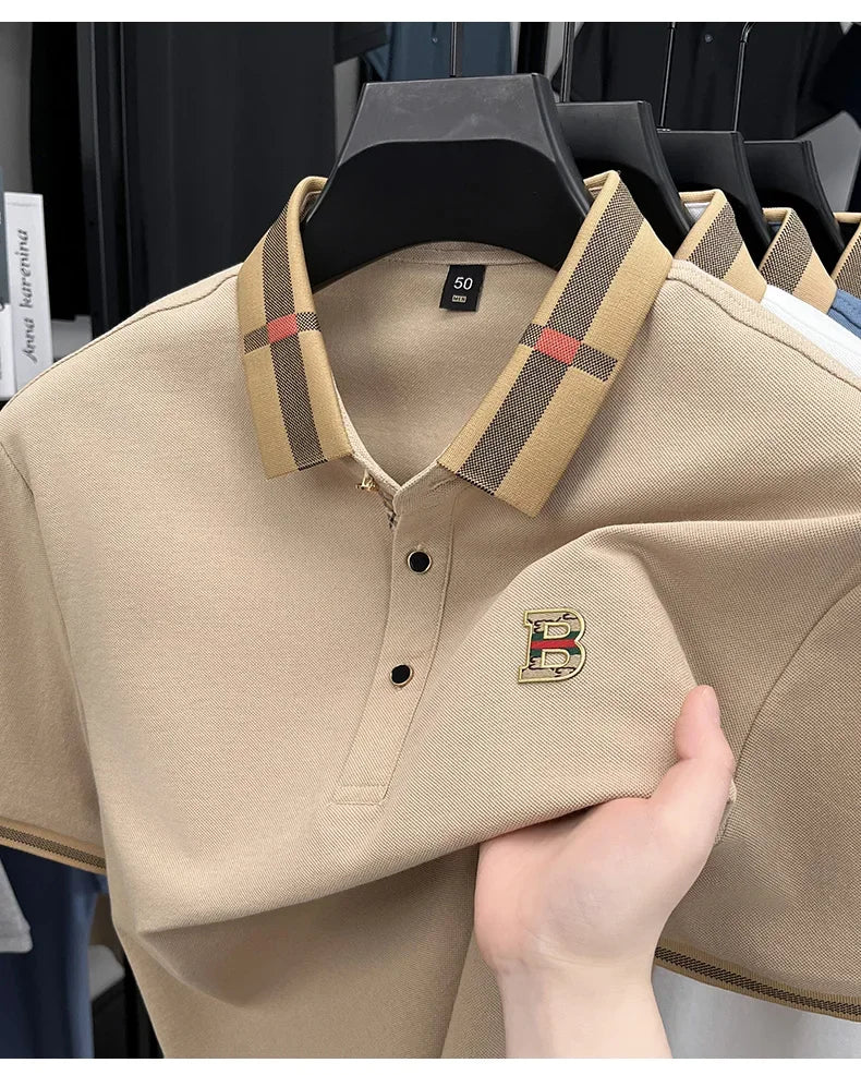 2026 High-end Letter B Printed Summer Men's Color Blocked Lapel Short Sleeved Polo Shirt Versatile Tshirt for Business Commuting