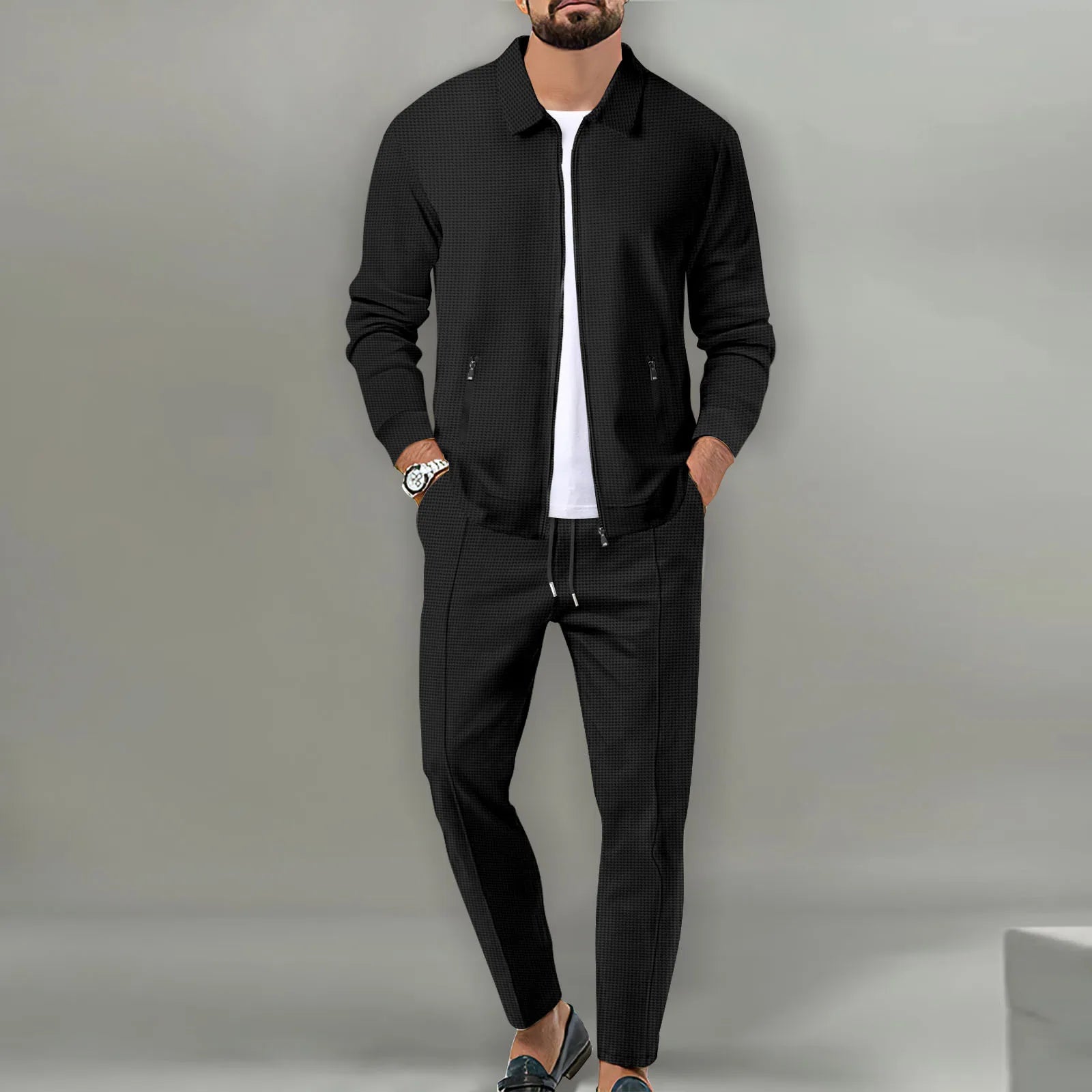2026 Coat Fall Waffle Zip Pocket Lapel Slim Cardigan Men's Jacket Set