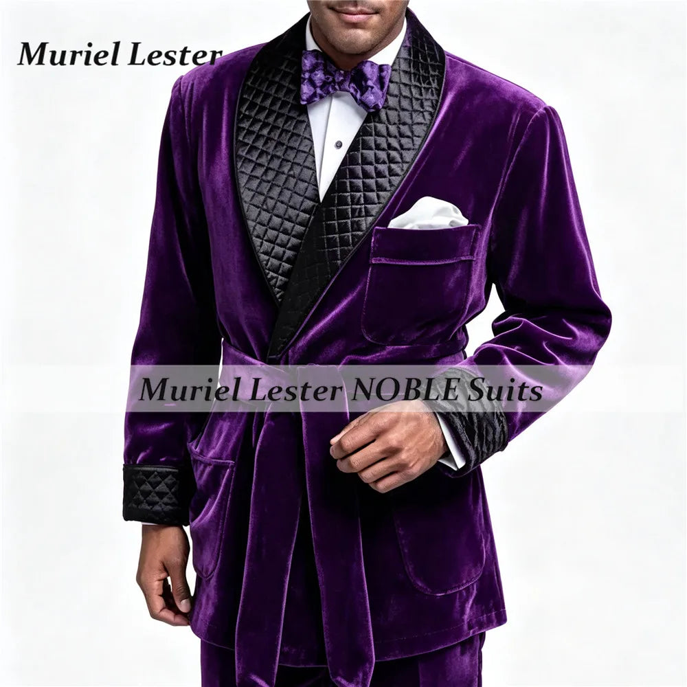 Smoking Business Velvet Suit Jackets For Men With Belt Black Shawl Lapel Groom Blazers Customized Man Party Coat Dinner Outfits