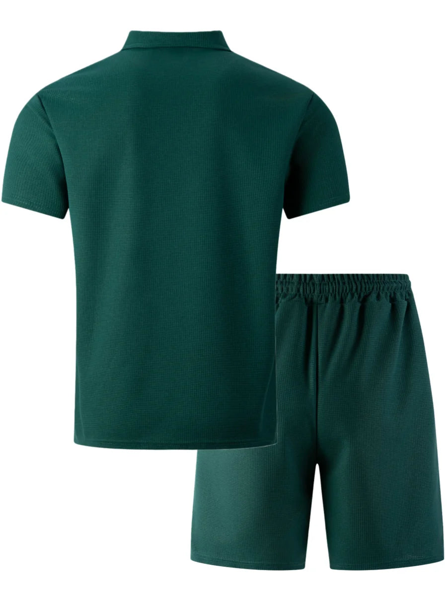 2026 New Men's Waffle Knit Double Pocket Polo Two-Piece Set S-3XL